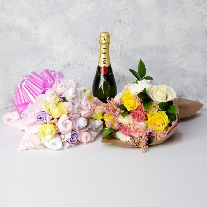 Baby Girl Bouquet Gift Set With Champagne from California Baskets - California Delivery