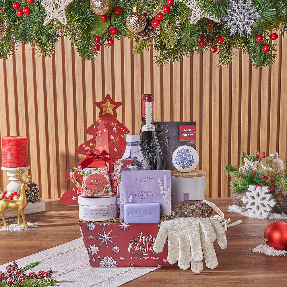 Christmas Wine & Spa Gift Set, wine gift, wine, spa gift, spa, chocolate gift, chocolate, tea gift, tea, California delivery