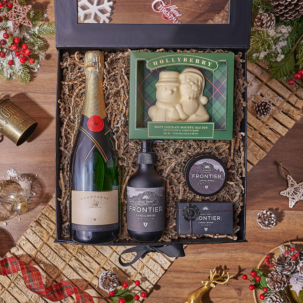 Holiday Bubbly & Spa Gift Box, chocolate gift, chocolate, champagne gift, champagne, sparkling wine gift, sparkling wine, Christmas gift, Christmas, California delivery