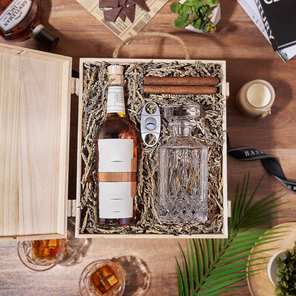 Liquor & Decanter Crate, liquor gift, liquor, decanter gift, decanter, cigar gift, cigar, California delivery