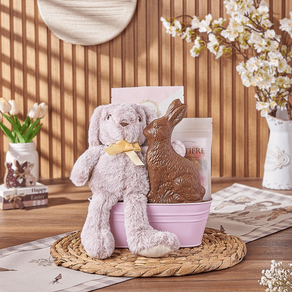 Pink Easter Bunny Gift Basket, chocolate gift, chocolate, easter gift, easter, California delivery