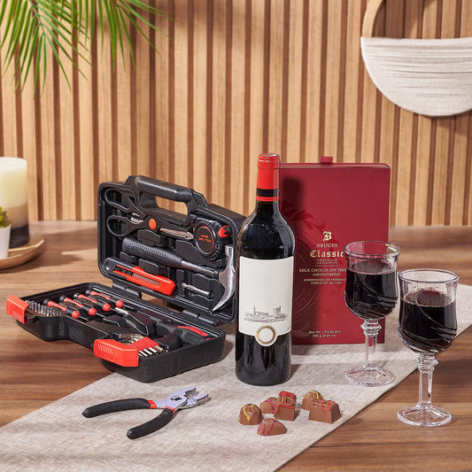Practical Wine & Tool Gift, wine gift, wine, tool gift, tools, chocolate gift, chocolate, California delivery