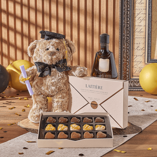 Spirits & Graduate Bear Gift, liquor gift, liquor, chocolate gift, chocolate, plush gift, plush, graduation gift, graduation, California delivery