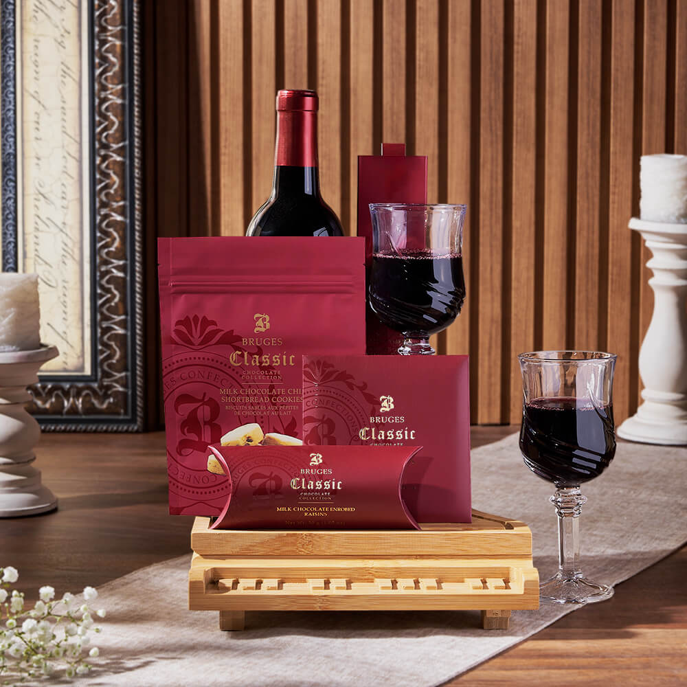 The Sweet Temptations Gourmet Wine Basket, wine gift, wine, chocolate gift, chocolate, cookie gift, cookie, California delivery