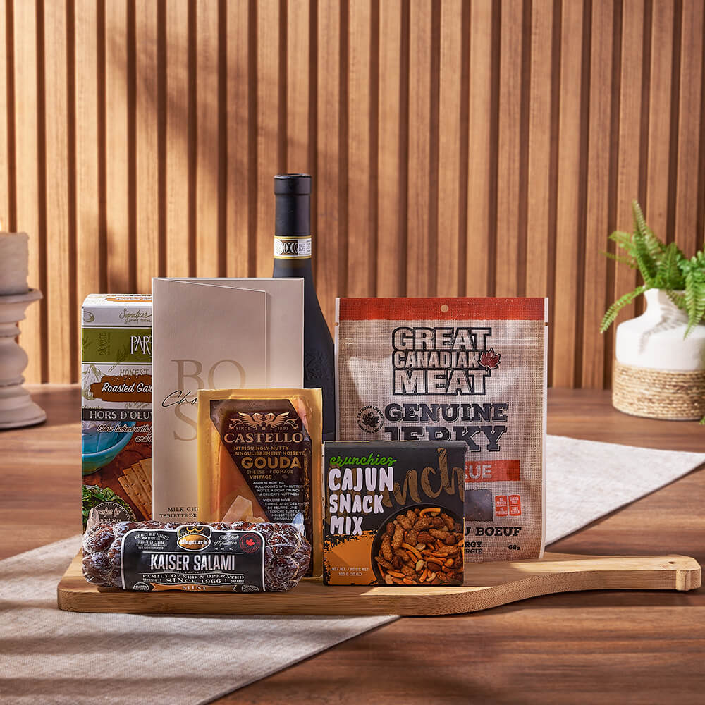 Wine & Cheesy Treats Platter, wine gift, wine, cheese gift, cheese, salami gift, salami, gourmet gift, gourmet, California delivery