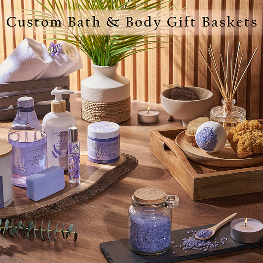 Custom Bath and Body Gift Baskets. Create a tailored gift filled with their favorite spa items, delicious treats, and optional bottles of wine or champagne - California Baskets 