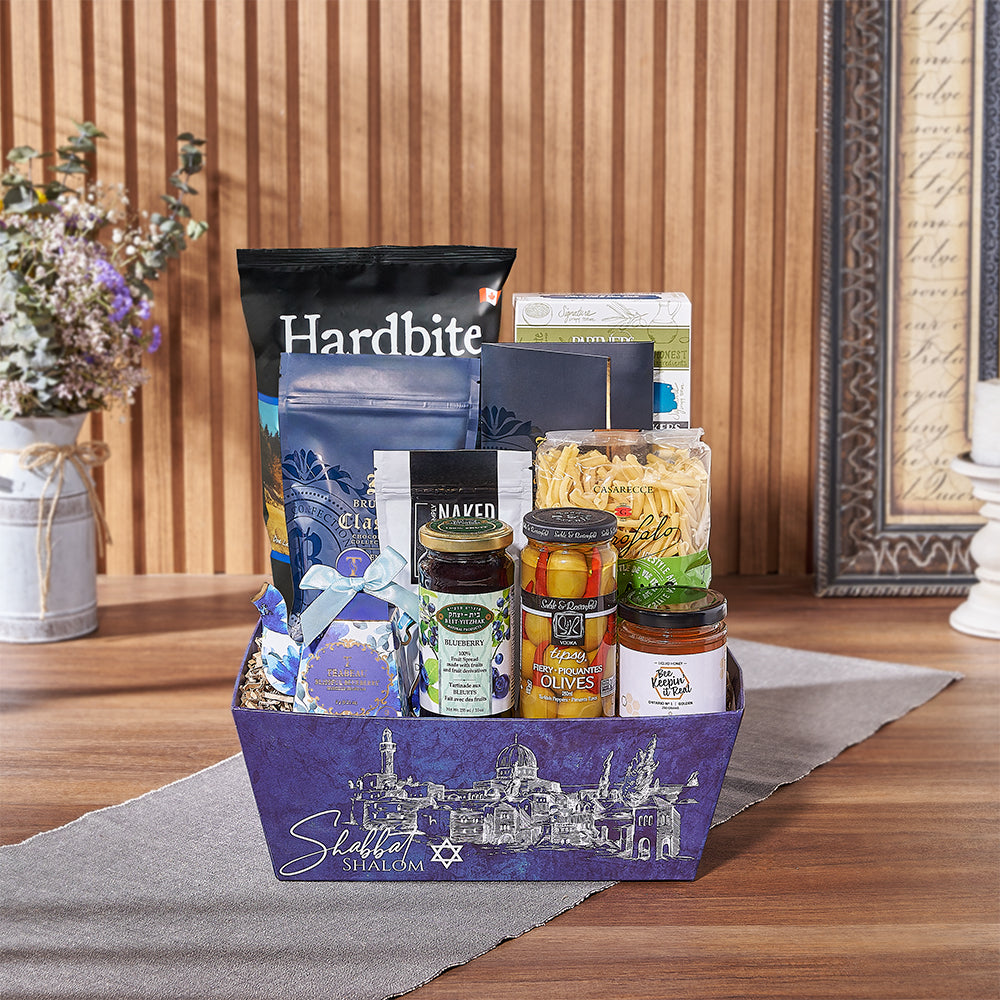 The Basket of Kosher Treats offers a delightful array of snacks, making it an ideal choice for sending your well wishes to a friend, family member, or colleague, California delivery 