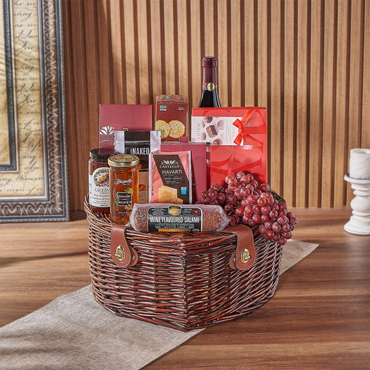 The Dorset Park Romantic Picnic Basket is a charming way to show your beloved some appreciation! Complete with gourmet snacks, wine, chocolates, and more, it's the perfect way to sweep your loved one off their feet, California delivery