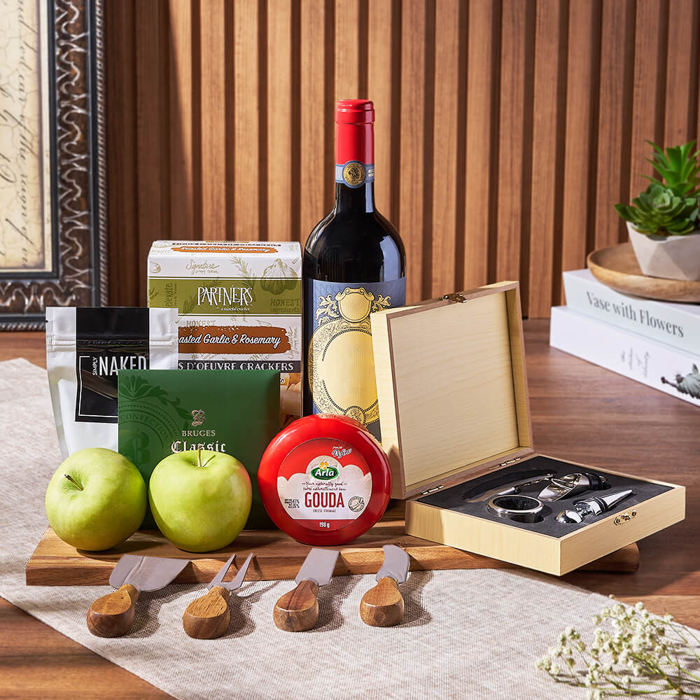 Apple, Cheese, &amp; Wine Gift Basket, wine gift, wine, cheese gift, cheese, fruit gift, fruit, California delivery