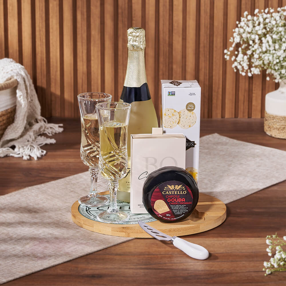 Bubble &amp; Cheese Please Champagne Gift Basket, sparkling wine gift, sparkling wine, cheese gift, cheese, champagne gift, champagne, California delivery