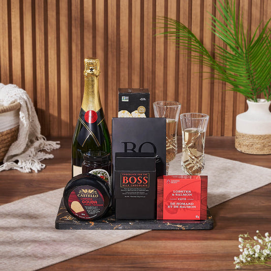 Celebratory Champagne Gift Board, champagne gift, champagne, sparkling wine gift, sparkling wine, chocolate gift, chocolate, seafood gift, seafood, California delivery