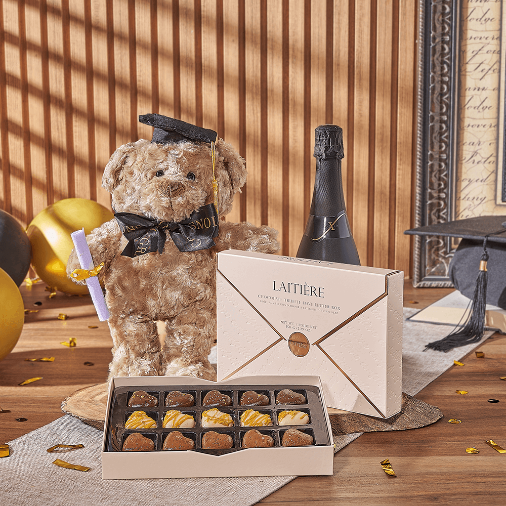 Champagne &amp; Graduate Bear, champagne gift, champagne, sparkling wine gift, sparkling wine, graduation gift, graduation, chocolate gift, chocolate, California delivery