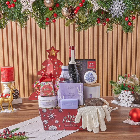 Christmas Wine & Spa Gift Set, wine gift, wine, spa gift, spa, chocolate gift, chocolate, tea gift, tea, California delivery