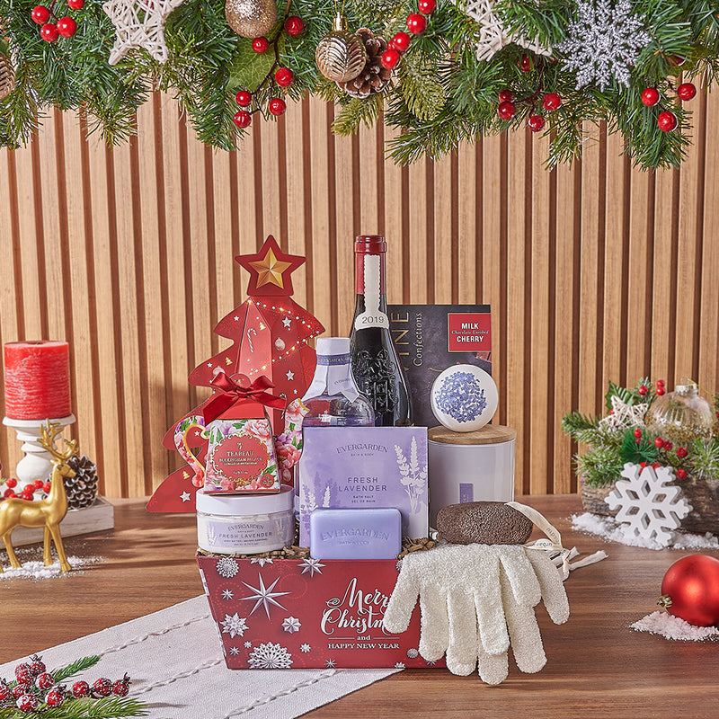 Christmas Wine & Spa Gift Set, wine gift, wine, spa gift, spa, chocolate gift, chocolate, tea gift, tea, California delivery