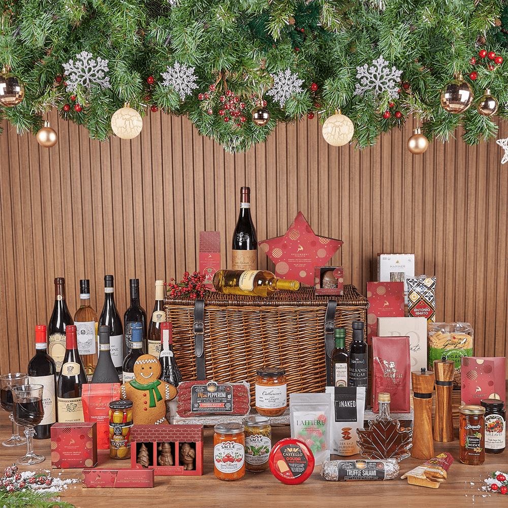 Christmas Wine &amp; Treat Extravaganza Basket, christmas gift, christmas, wine gift, wine, chocolate gift, chocolate, California delivery