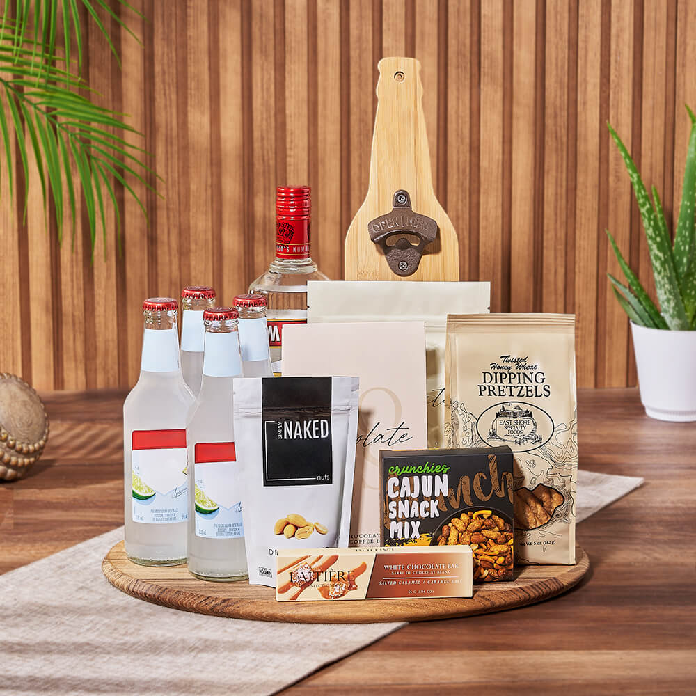 Coolers &amp; Crunch Liquor Basket, liquor gift, liquor, chocolate gift, chocolate, California delivery