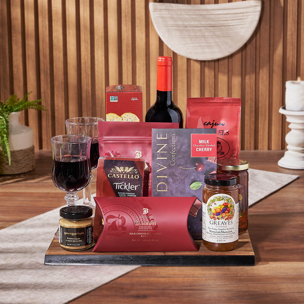 Decadent Wine &amp; Cheese Gift Board, wine gift, wine, chocolate gift, chocolate, snack gift, snack, California delivery