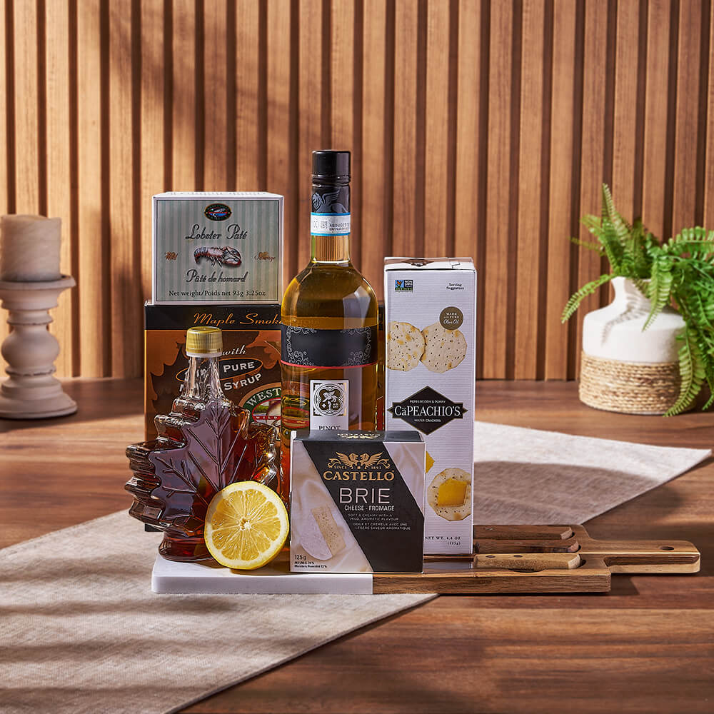 Deluxe Smoked Salmon & Citrus Gift Basket with Wine, wine gift, wine, gourmet gift, gourmet, cheese gift, cheese, cheese board gift, cheese board, California  delivery