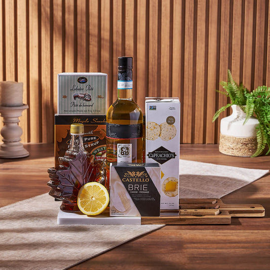 Deluxe Smoked Salmon & Citrus Gift Basket with Wine, wine gift, wine, gourmet gift, gourmet, cheese gift, cheese, cheese board gift, cheese board, California  delivery