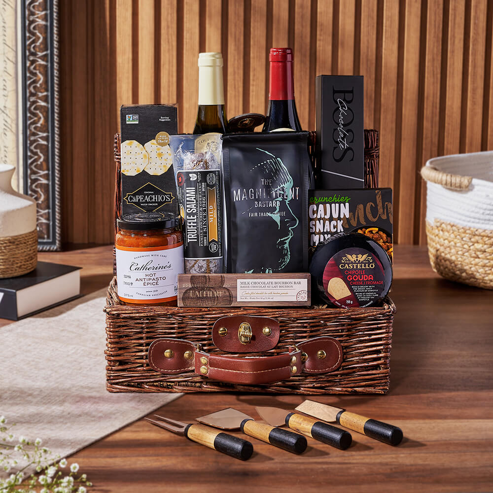 Deluxe Wine &amp; Appetizer Gift Basket, wine gift, wine, charcuterie gift, charcuterie, coffee gift, coffee, California delivery