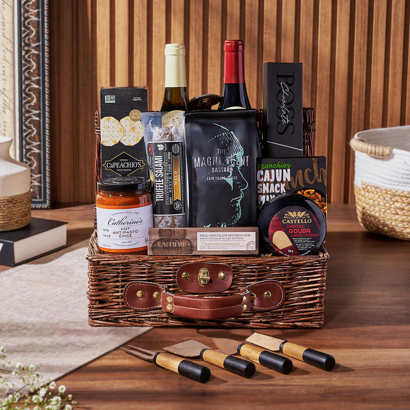 Deluxe Wine & Appetizer Gift Basket, wine gift, wine, charcuterie gift, charcuterie, coffee gift, coffee, California delivery