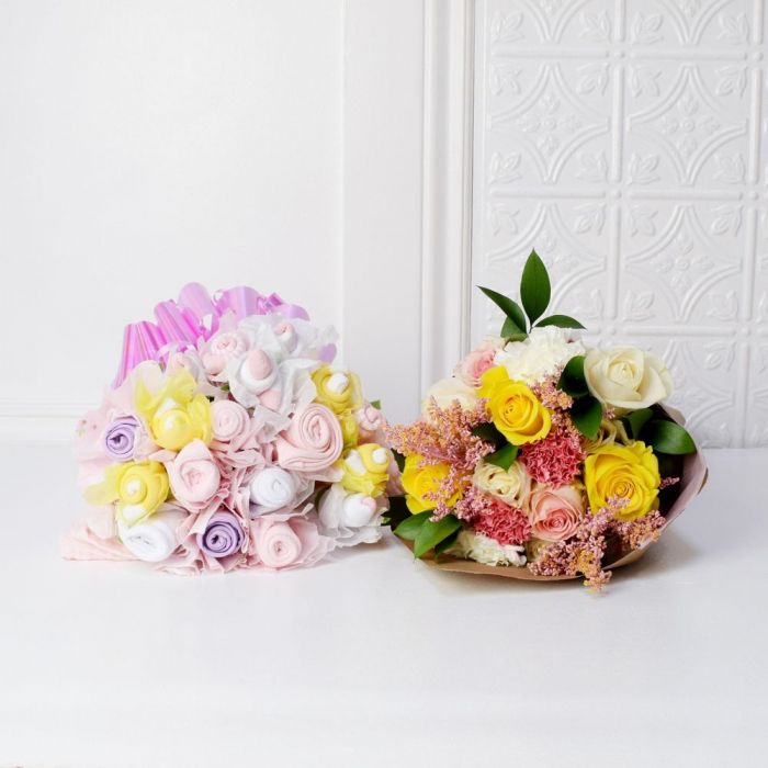 Floral &amp; Cuddly Bouquet For The Baby Girl Gift Set from California Baskets - Baby Gift Basket - California Delivery.