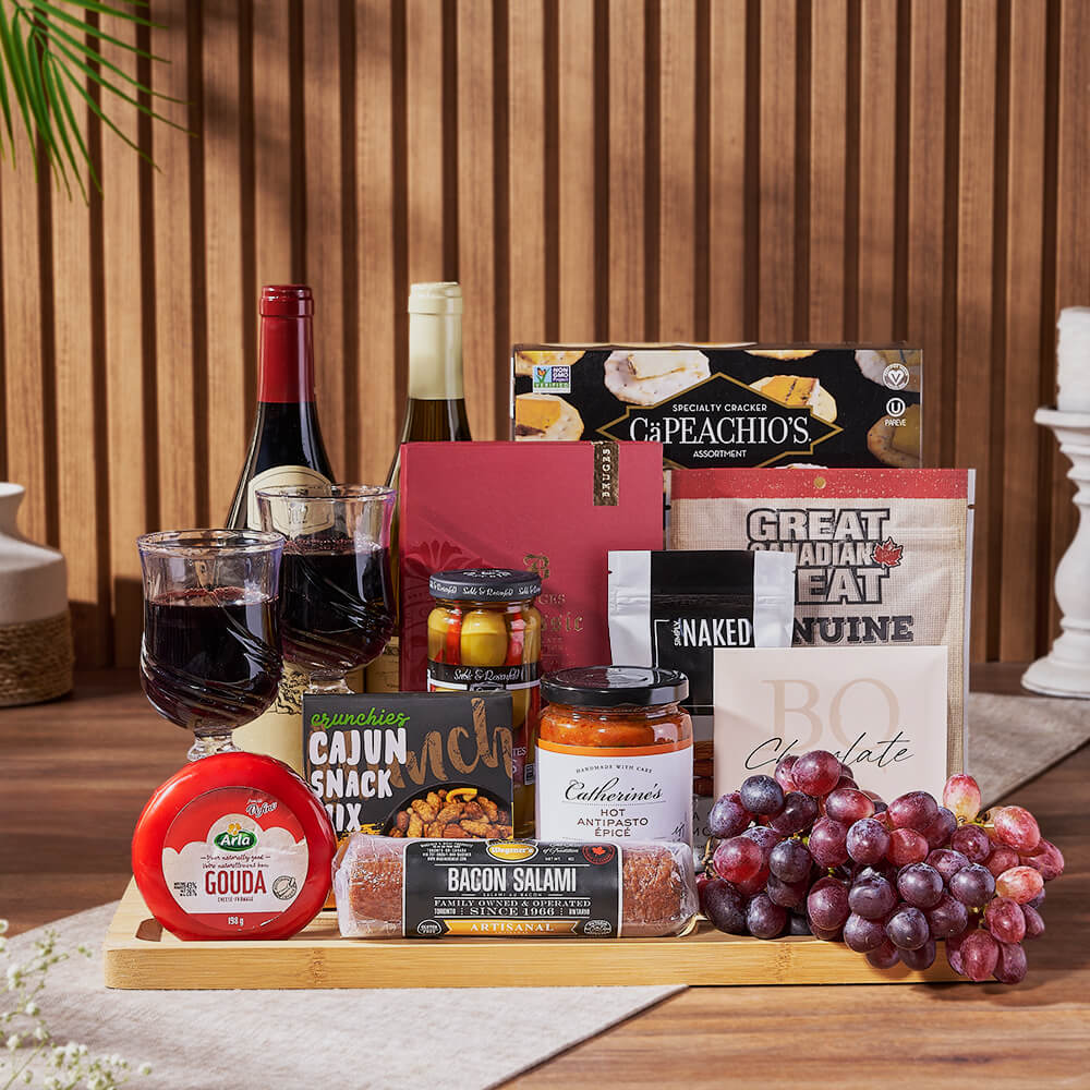 Grand Cheese &amp; Wine Gift Basket, wine gift, wine, charcuterie gift, charcuterie, cheese gift, cheese, fruit gift, fruit, California delivery