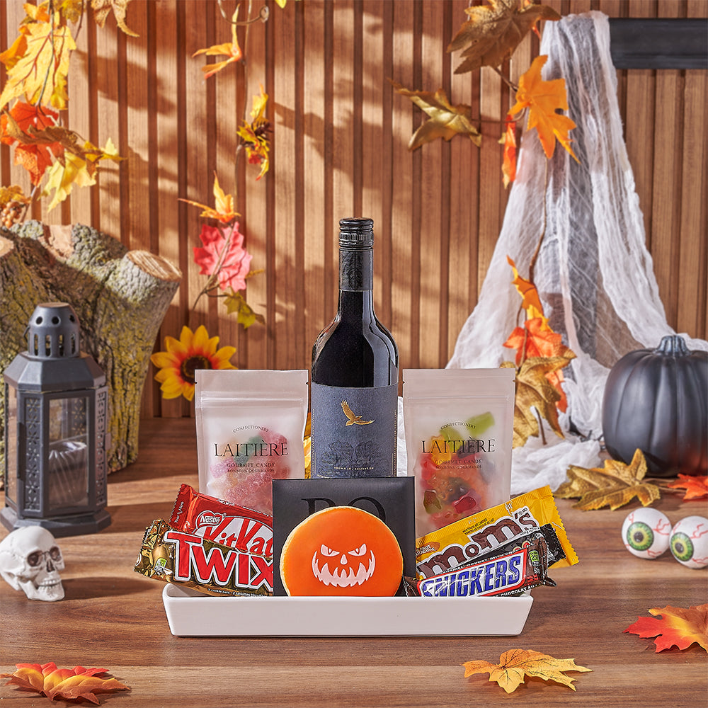 Halloween Wine &amp; Treat Platter, wine gift, wine, chocolate gift, chocolate, halloween gift, halloween, California delivery