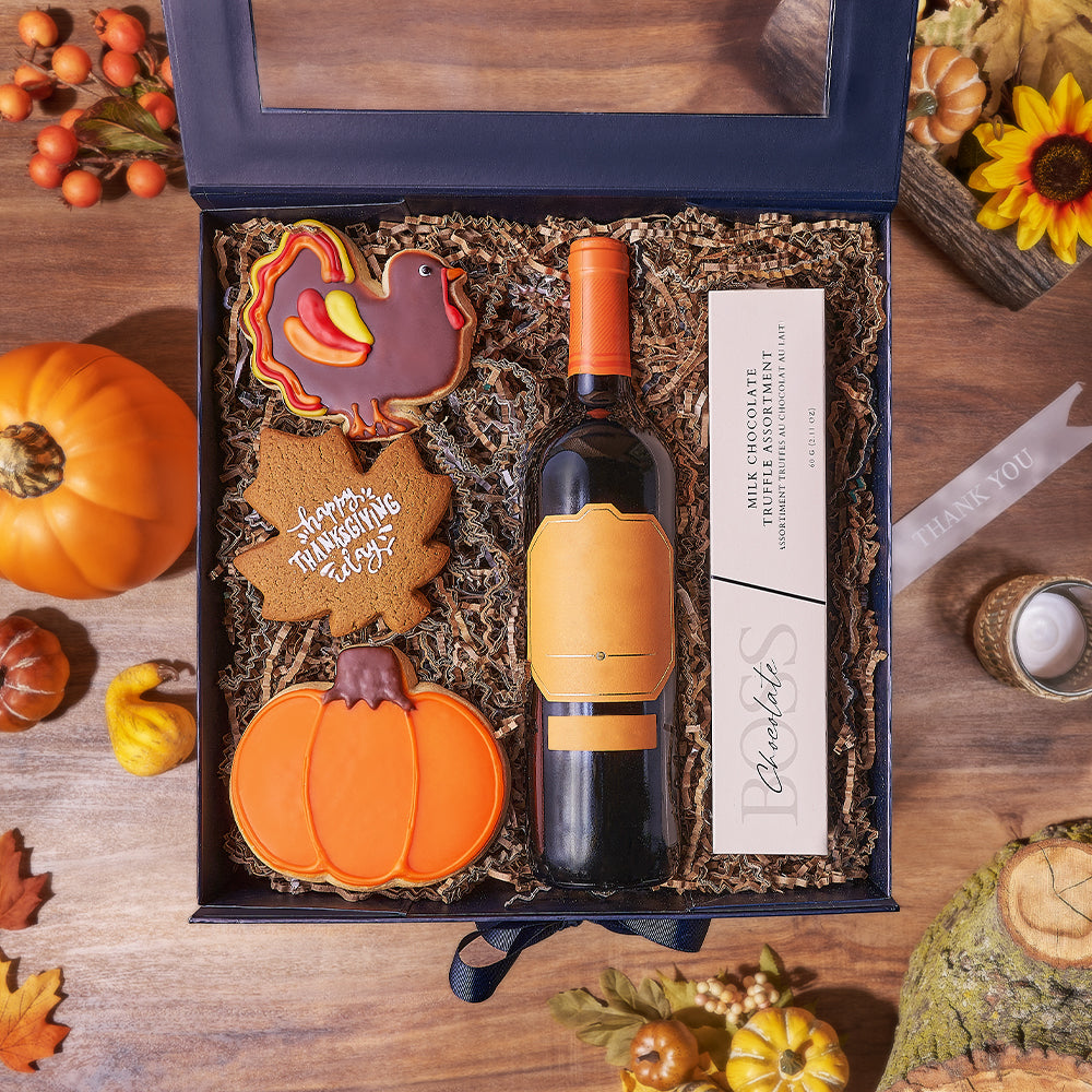 Happy Thanksgiving Wine & Cookie Box, thanksgiving gift, thanksgiving, wine gift, wine, chocolate gift, chocolate, California delivery
