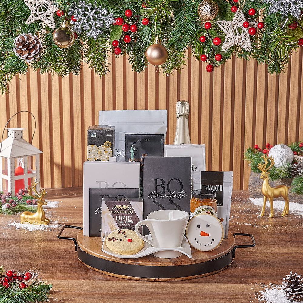 Holiday Bubbly &amp; Snowflake Snack Gift Set, christmas gift, christmas, champagne gift, champagne, chocolate gift, chocolate, coffee gift, coffee, California delivery
