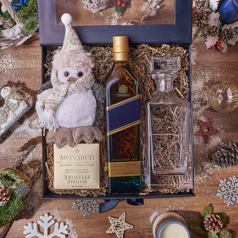 Holiday Liquor Decanter &amp; Treats Basket, liquor gift, liquor, chocolate gift, chocolate, decanter gift, decanter, christmas gift, christmas, California delivery