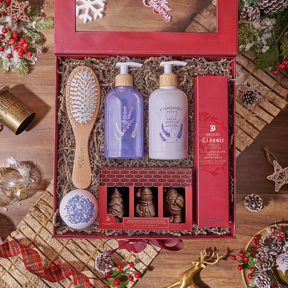 Holiday Spa &amp; Chocolate Gift Box, chocolate gift, chocolate, spa gift, spa, bath gift, bath, California delivery
