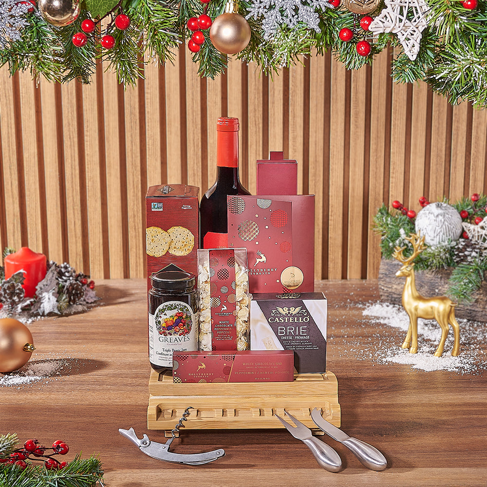 Holiday Wine &amp; Cheese Snack Basket, wine gift, wine, chocolate gift, chocolate, christmas gift, christmas, California delivery