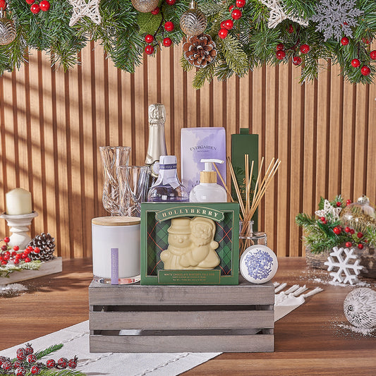 Joyful Champagne & Spa Gift Crate, Christmas gift, Christmas, champagne gift, champagne, sparkling wine gift, sparkling wine, chocolate gift, chocolate, California delivery