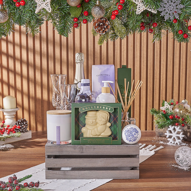Joyful Champagne & Spa Gift Crate, Christmas gift, Christmas, champagne gift, champagne, sparkling wine gift, sparkling wine, chocolate gift, chocolate, California delivery