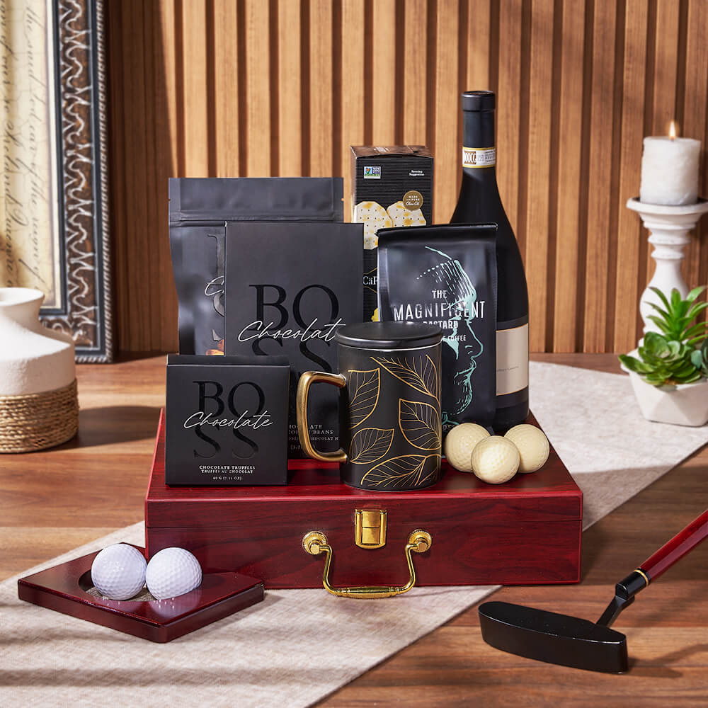 Luxe Putting &amp; Wine Gift Set, wine gift, wine, coffee gift, coffee, chocolate gift, chocolate, golf gift, golf, putting gift, putting, California delivery