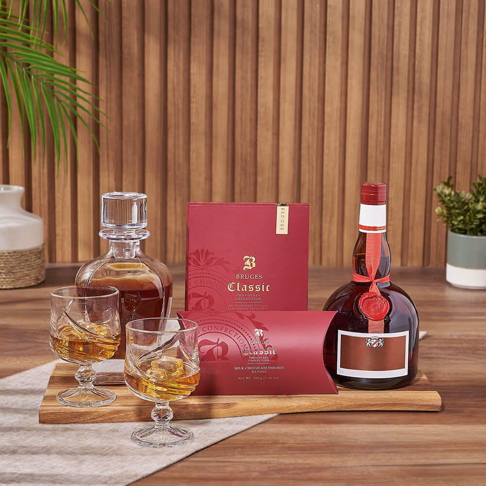 Refined Decanter &amp; Liquor Gift Set, liquor gift, liquor, decanter gift, decanter, chocolate gift, chocolate, California delivery