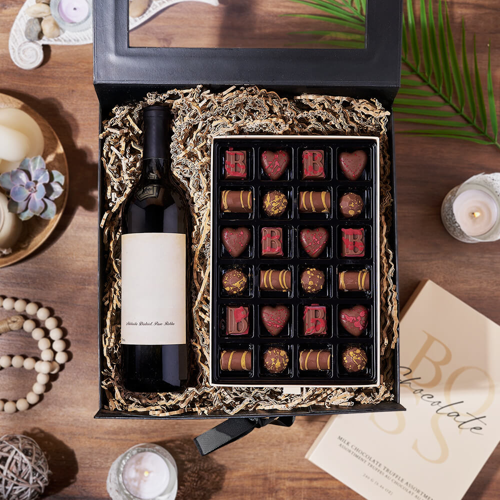 Scrumptious Wine Gift Box, wine gift, wine, chocolate gift, chocolate, California delivery