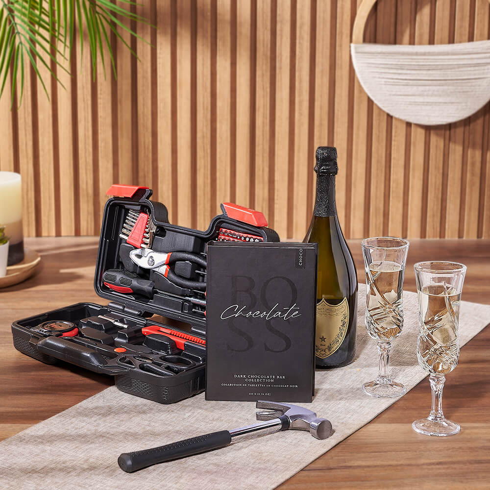 Sensible Champagne &amp; Tool Gift, champagne gift, champagne, sparkling wine gift, sparkling wine, chocolate gift, chocolate, tool gift, tools, California delivery