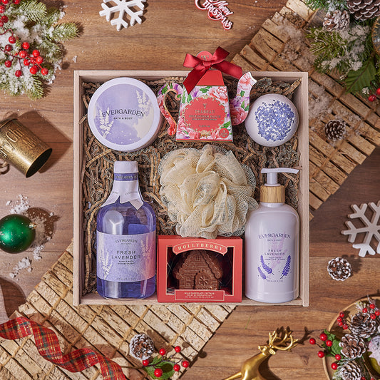 Serene Christmas Gift Box, chocolate gift, chocolate, Christmas gift, Christmas, tea gift, tea, spa gift, spa, bath gift, bath, California delivery