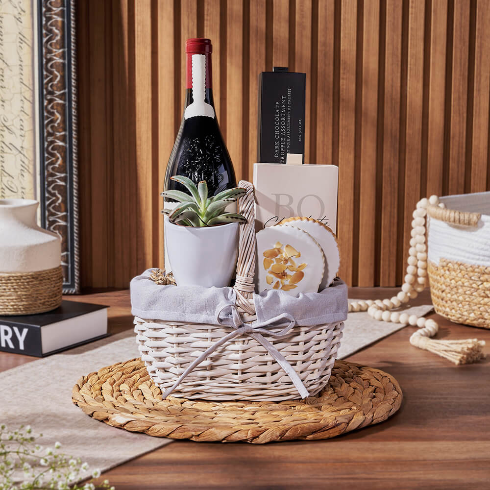 Sweet Succulent &amp; Wine Gift Basket, wine gift, wine, chocolate gift, chocolate, plant gift, plant, California delivery