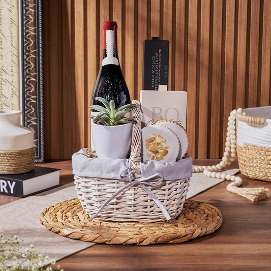 Sweet Succulent & Wine Gift Basket, wine gift, wine, chocolate gift, chocolate, plant gift, plant, California delivery