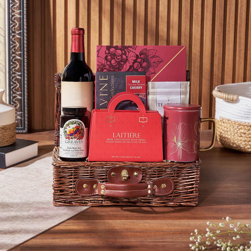 Tea &amp; Sweets Wine Basket, wine gift, wine, tea gift, tea, chocolate gift, chocolate, California delivery