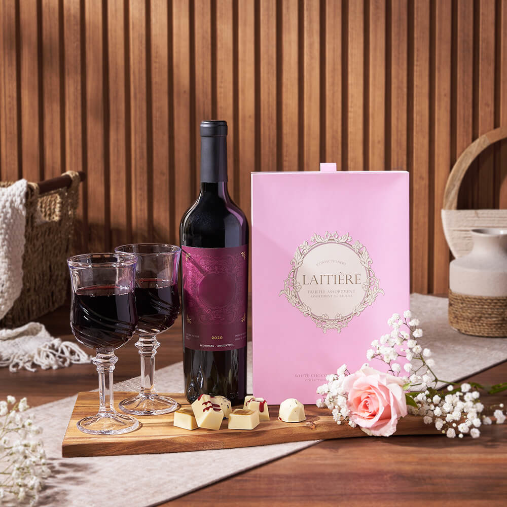 Uptown Wine &amp; Chocolate Gift Basket, wine gift, wine, chocolate gift, chocolate, rose gift, California delivery