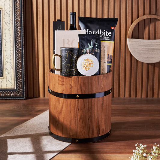Wine Barrel Gift Basket, wine gift, wine, chocolate gift, chocolate, coffee gift, coffee, California delivery