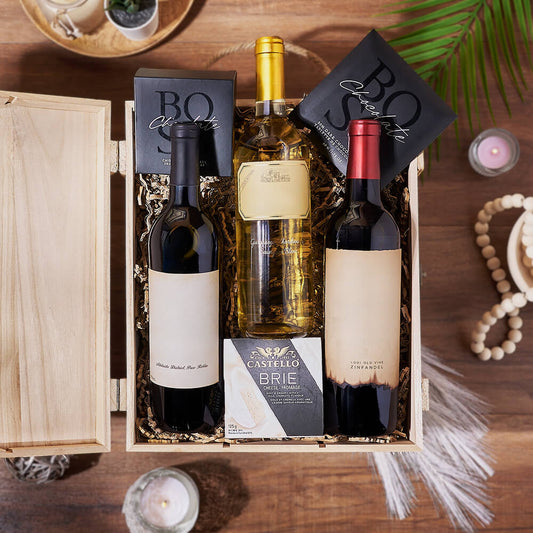 Wine Trio Pairing Gift, wine gift, wine, chocolate gift, chocolate, cheese gift, cheese, California delivery