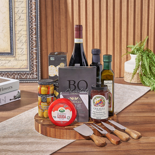 Wine & Cheeseboard Gift, wine gift, wine, chocolate gift, chocolate, cheese gift, cheese, charcuterie gift, charcuterie, California delivery
