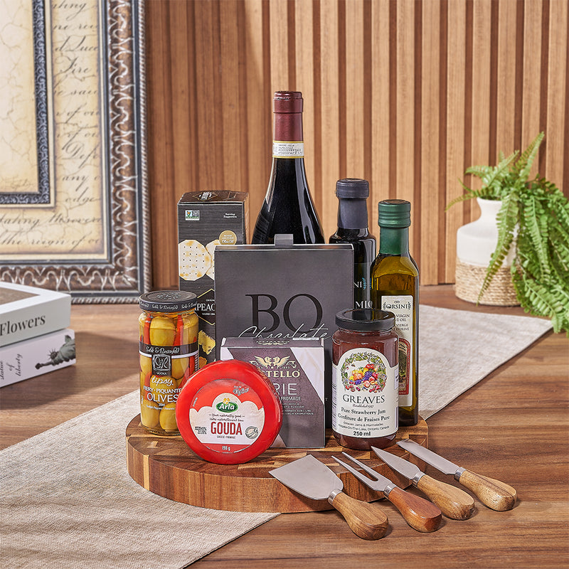 Wine & Cheeseboard Gift, wine gift, wine, chocolate gift, chocolate, cheese gift, cheese, charcuterie gift, charcuterie, California delivery